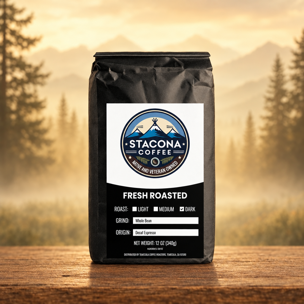 Stacona Coffee Decaf Espresso bag with a warm mountain-forest background