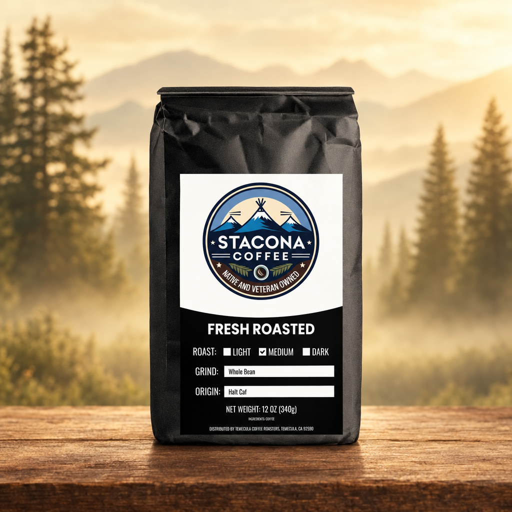 Stacona Coffee Half Caf bag with a warm mountain-forest background